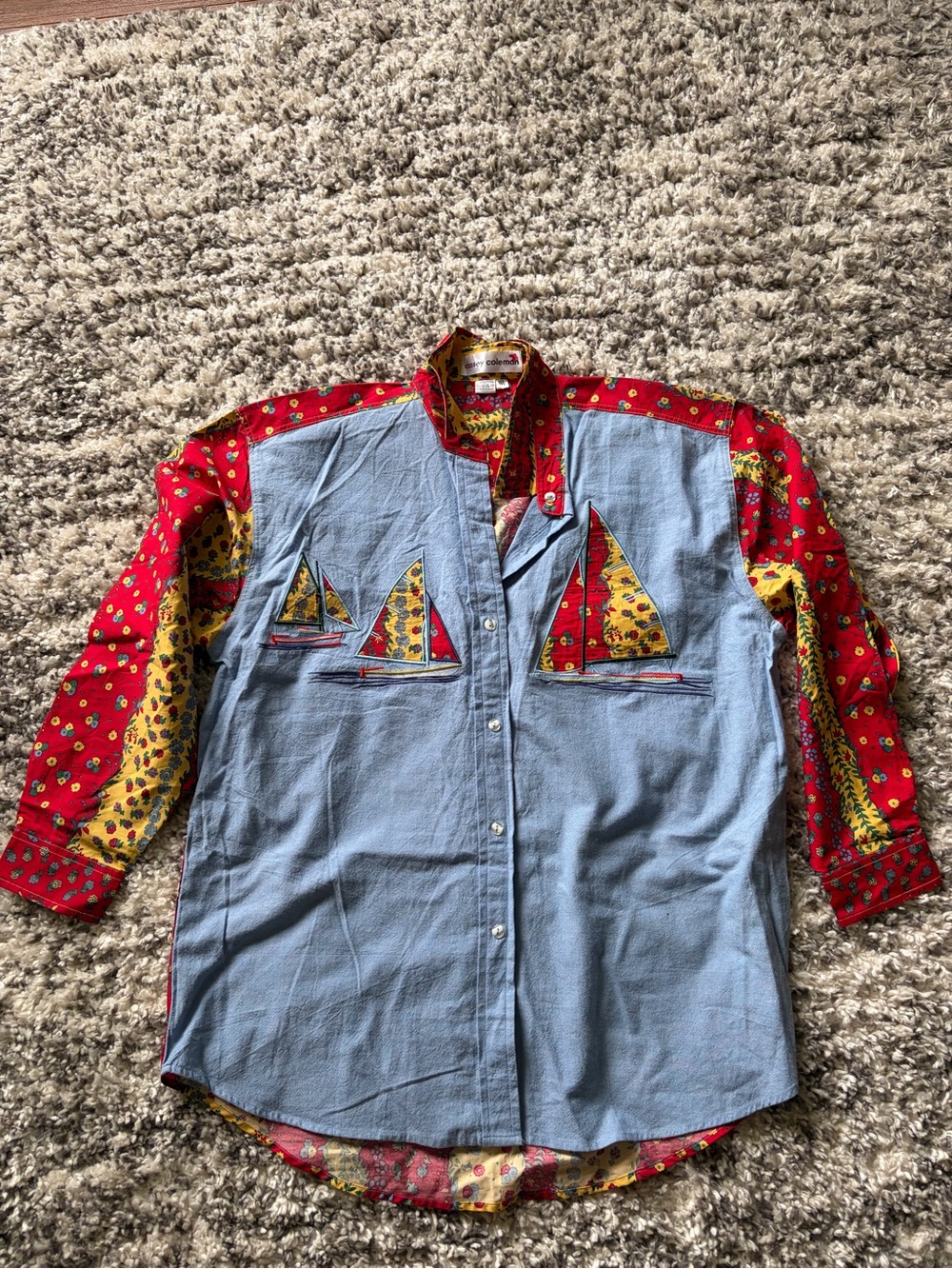 Vintage Women’s Patchwork Sailboat Button-Up Shirt - Red  & Light Blue